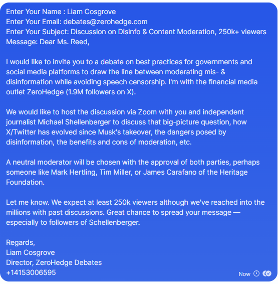 The funniest debate request I've ever received.

Debate Mike Shellenberger, WPATH files guy, on moderation in Twitter.

"We will have a neutral moderator... perhaps this person from the Heritage Foundation."

Ahahahahahahaha
