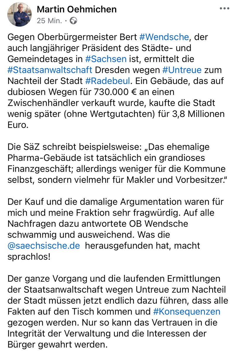 Gegen OB und Präsident des SSG #Sachsen Wendsche ermittelt  wegen #Untreue die #Staatsanwaltschaft. Es geht um Millionen… Der ganze Vorgang muss jetzt endlich dazu führen, dass alle Fakten auf den Tisch kommen und #Konsequenzen gezogen werden. #Radebeul 
meine-sz.de/artikel/2fcae2…