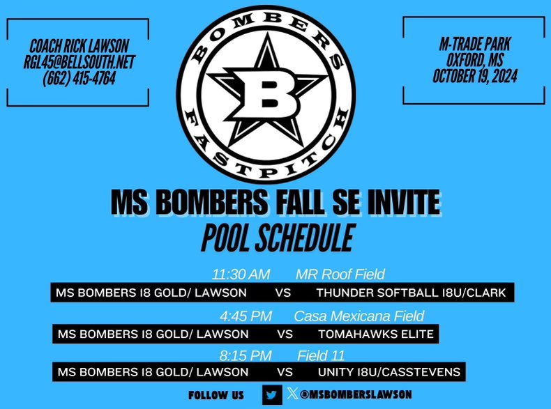Schedule for this weekend in Oxford!!! Pumped and ready to play! <a href="/MSBombersLawson/">MS Bombers-Lawson</a> <a href="/MSBMBGOLDKIMZEY/">________National KIMZEY</a> <a href="/ChelseaEFarmer/">Chelsea Farmer</a> <a href="/UTMSoftball/">UT Martin Softball</a>