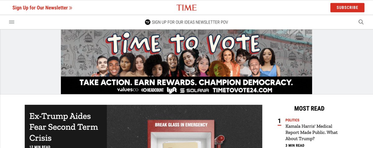 valuesntwrk's tweet photo. Check us out all week on @TIME's Homepage!

We're featuring creators and partners who are a part of the #TimeToVote Coalition 🇺🇸🗳️

Time is running out to check your voter registration status &amp; get your piece of the $75k in rewards

Visit https://t.co/KTnzO5eReq to get started🌟 https://t.co/w6ElqFuHrt