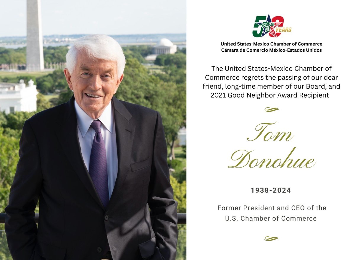 USMCOC (@usmcoc) on Twitter photo We are deeply saddened by the loss of Thomas J. Donohue, a visionary leader whose influence on the business community and our nation will be felt for generations. Our hearts go out to his family, friends, and all those whose lives he touched.
<a href="/USChamber/">U.S. Chamber</a> We are deeply saddened by the loss of Thomas J. Donohue, a visionary leader whose influence on the business community and our nation will be felt for generations. Our hearts go out to his family, friends, and all those whose lives he touched.
<a href="/USChamber/">U.S. Chamber</a>