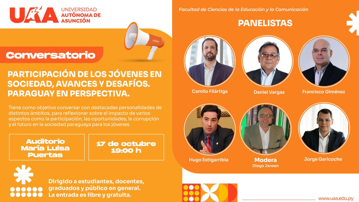 📍Conversatorio "Participación de los jóvenes en sociedad, avances y desafíos." 
Paraguay en perspectiva en la <a href="/uaapy/">UAA Paraguay</a> 

📅 Día: 17 de Octubre
🕖 19:00 
🏫 Auditorio María Luisa Puertas