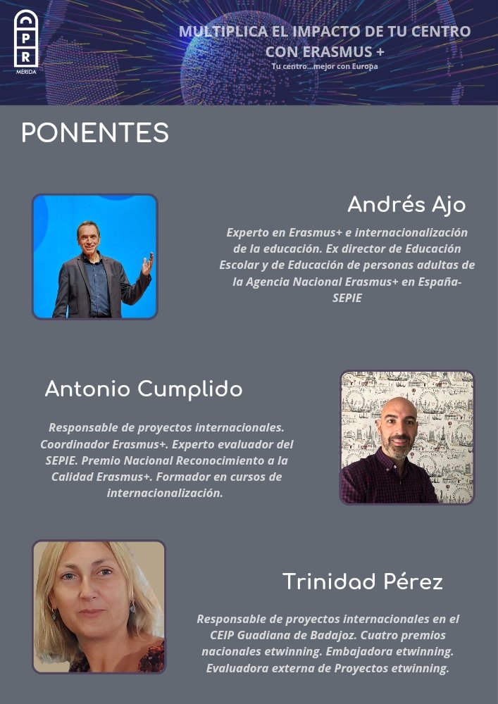 cprdemerida's tweet photo. Todas las claves del programa Erasmus+ para promover la internacionalización de tu centro educativo, fomentar la innovación educativa y la formación del profesorado.
@ErasmusPlus #ErasmusCprInclusion Mérida @InnovacionForm @UpeBadajoz https://t.co/MfXYZU33eA