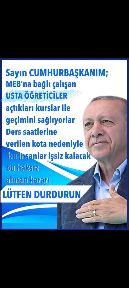 USTA ÖĞRETİCİLER OLARAK ÖZLÜK HAKLARIMIZI İSTİYORUZ #Ustalar24EKİMulustalar
<a href="/RTErdogan/">Recep Tayyip Erdoğan</a>
<a href="/Yusuf__Tekin/">Yusuf Tekin</a>
<a href="/mebhbogm/">MEB Hayat Boyu Öğrenme Genel Müdürlüğü</a> 
<a href="/TBMMresmi/">TBMM</a>
<a href="/TBMMGenelKurulu/">TBMM Genel Kurulu</a>
<a href="/tcbestepe/">T.C. Cumhurbaşkanlığı</a>
<a href="/cbsbb/">T.C. Cumhurbaşkanlığı Strateji ve Bütçe Başkanlığı</a>