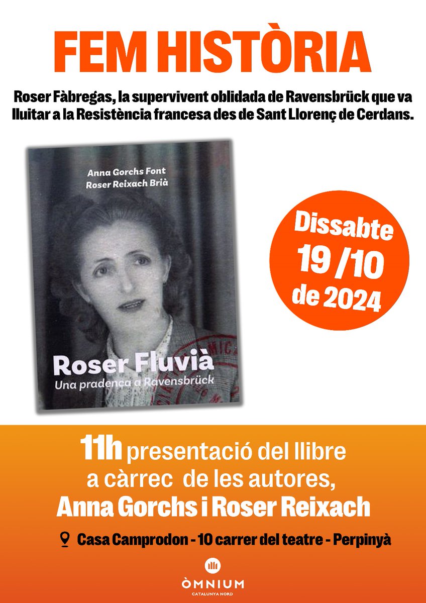 📚 Aquest dissabte, presentació del llibre 'Roser Fluvià. Una pradenca a Ravensbrück' a Perpinyà!

<a href="/OmniumCatNord/">Òmnium Catalunya Nord</a> <a href="/pratsdellucanes/">Prats de Lluçanès 🎗</a>