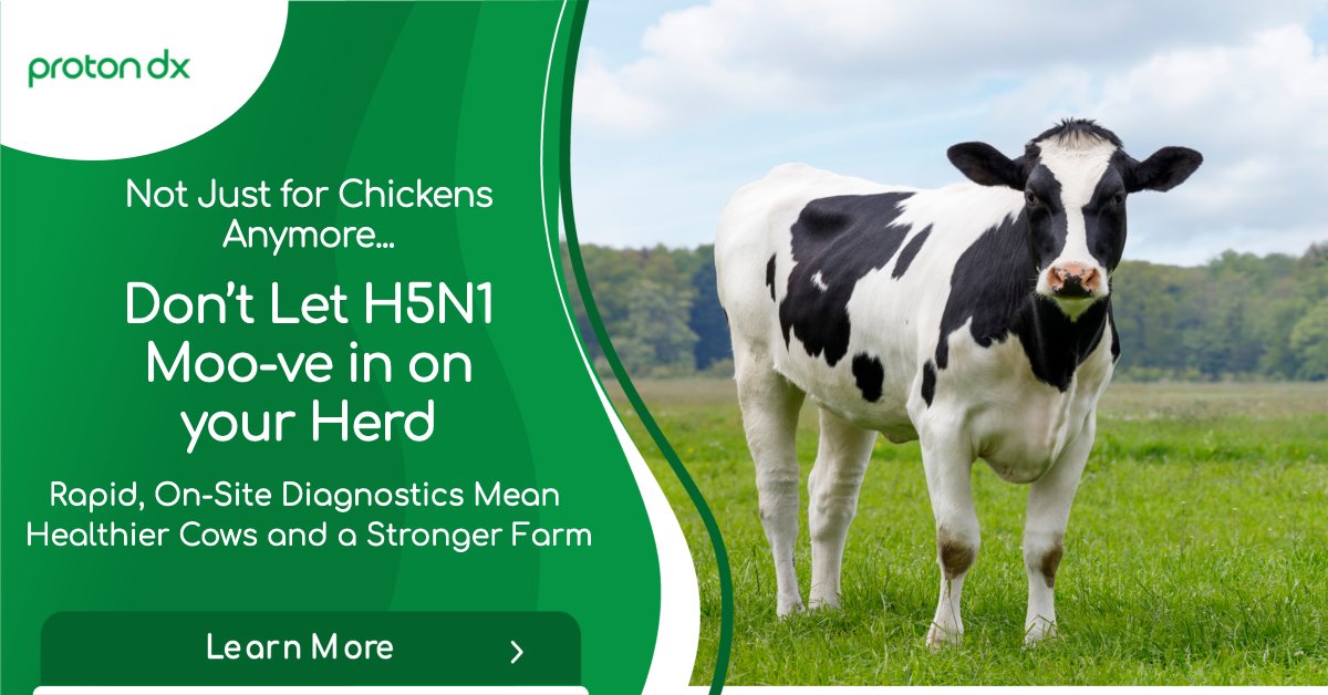 🚨 H5N1 Alert for Farmers 🚨
H5N1 isn't just a poultry problem anymore—your herd is at risk too! 🐄
Proton DX's rapid, on-site diagnostics help you catch issues early, keeping your cows healthier and your farm thriving. 💪

Don’t let H5N1 "moo-ve" in! Learn more today. ⬇️