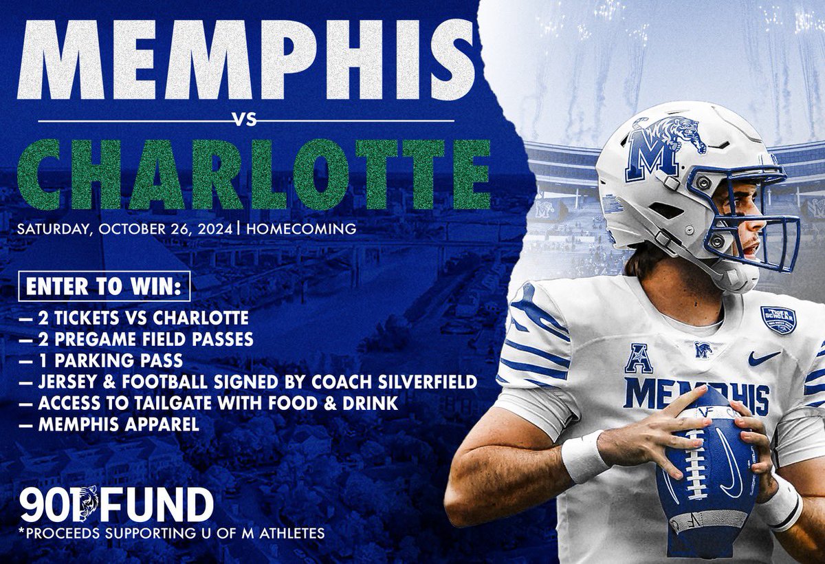 🏈 <a href="/MemphisFB/">Memphis Football</a> Fans! 🏈 Don’t miss your chance to win game tickets, sideline passes, and signed memorabilia from Coach Ryan Silverfield for our Homecoming game on Oct. 26th vs. Charlotte! #ad <a href="/901Fund/">@901Fund</a> #901FundSweepstakes 
Enter today ➡️ bit.ly/TigerSweepstak…