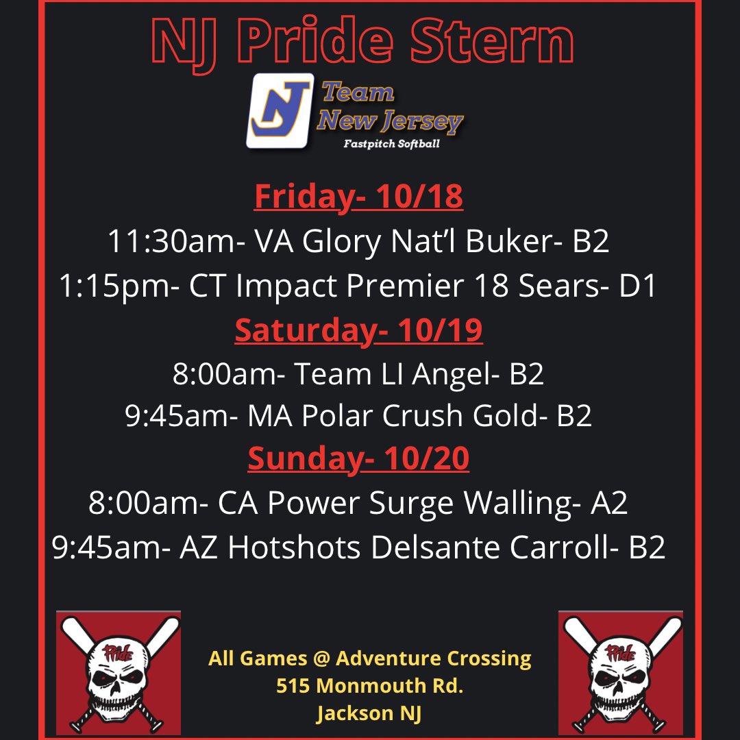 Can’t wait to play this weekend in Jackson, NJ. Schedule ⬇️ <a href="/NJPrideGold/">NJ Pride Softball</a> <a href="/AshleyDeYoung16/">ms. ashley deyoung</a>