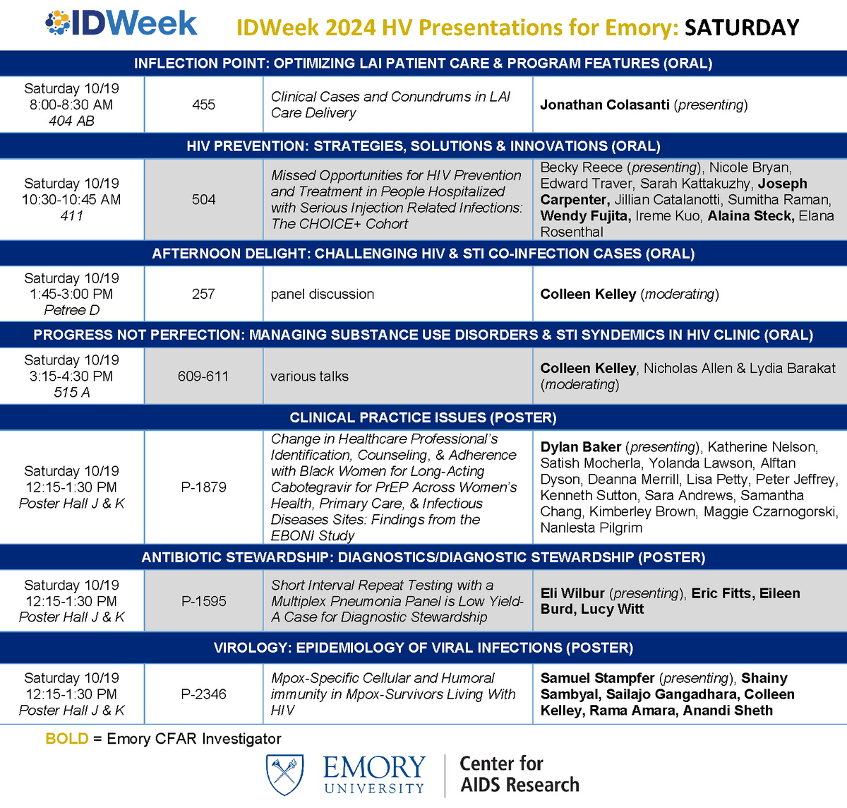 EmoryCFAR's tweet photo. 📣Are you heading to #IDWeek2024? @EmoryUniversity is well represented with 38 Emory-affiliated presentations — including 27 talks/panels &amp; 11 posters. Check out the highlights of #EmoryCFAR Member-led #HIV presentations below &amp; see the full list: https://t.co/roQZa0B9Ia https://t.co/ztkvrjzaaj