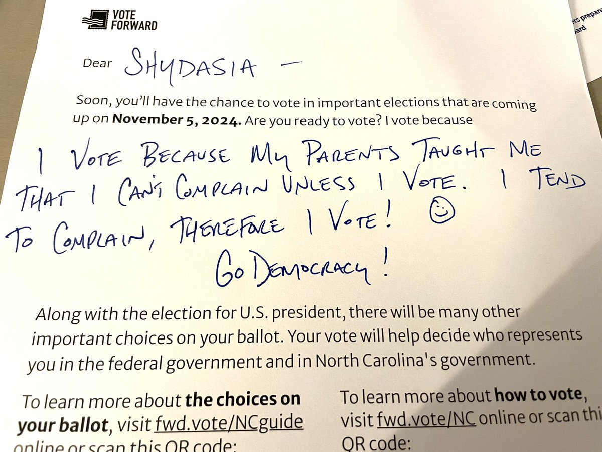 Just finished writing letters to voters in North Carolina. Not for a specific candidate, but simply a plea to vote. 
Go Democracy!! 
<a href="/votefwd/">Vote Forward</a>