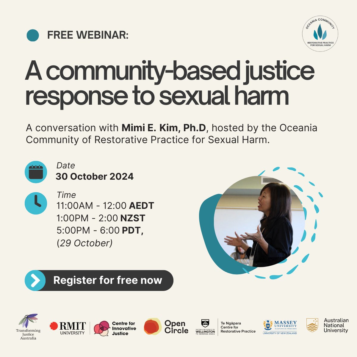 Want to learn about community-based justice for sexual harm?
Join our co-hosted webinar in conversation with Mimi E. Kim, Ph.D on Wed 30 Oct, 11am-12pm AEDT. 
Learn more &amp; register: us06web.zoom.us/webinar/regist…