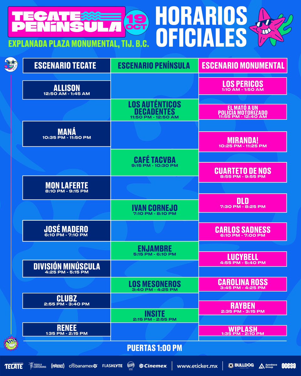 Te presentamos los horarios oficiales de #TecatePeninsula ⏰

🙂‍↔️ Boletos a través de Eticket