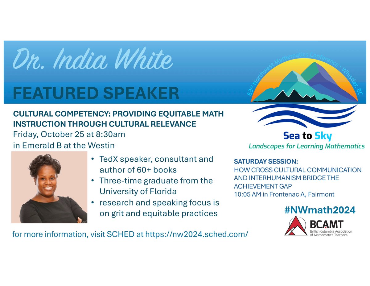 nwmathconf's tweet image. Dr. India White is hosting a session on Friday at the Westin and a session on Saturday at the Fairmont. Plan your days at nw2024.sched.com Only 9 days to go! #NWmath2024 @BCAMT
