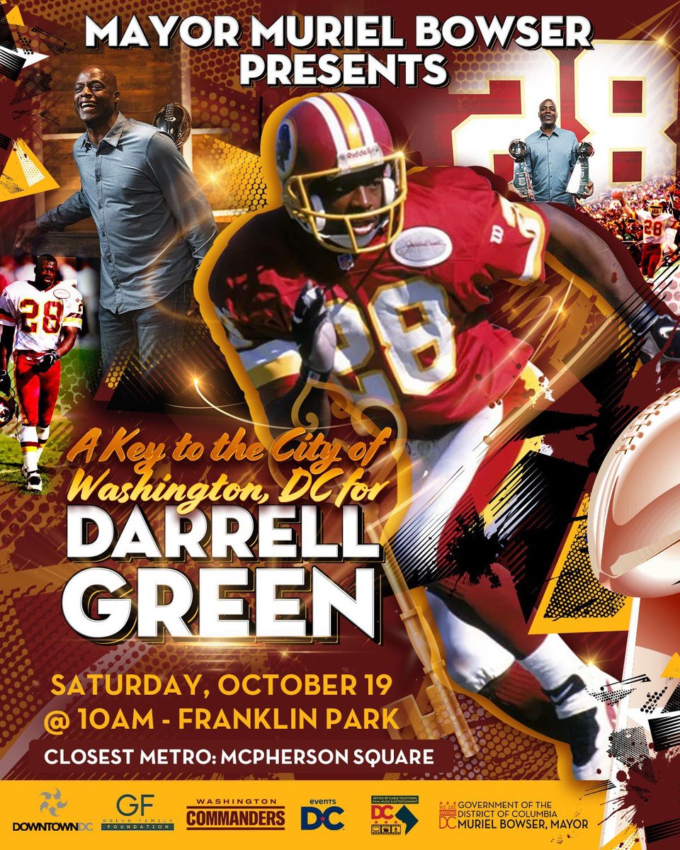 This weekend 🗝️🏈

We're honoring football legend Darrell Green by giving him the Key to the City.

This is a moment you won’t want to miss—let’s come together and show our support. #BeDowntown ⬇️