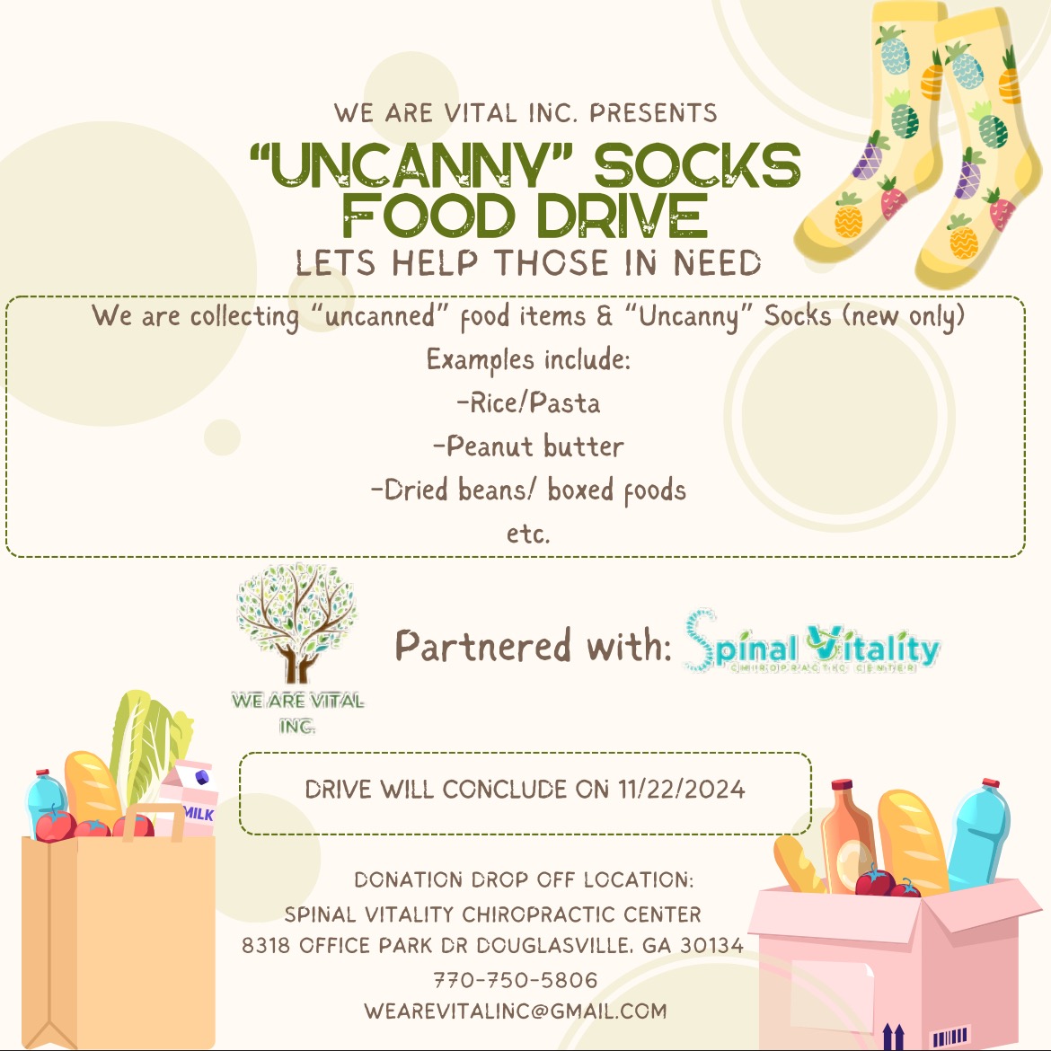 SpinalVitality's tweet photo. Our 2nd Annual "Uncanny" Socks Food Drive is in full effect! Lets help our community together!! Multiple dropoff locations available! https://t.co/1It5GMHii6
