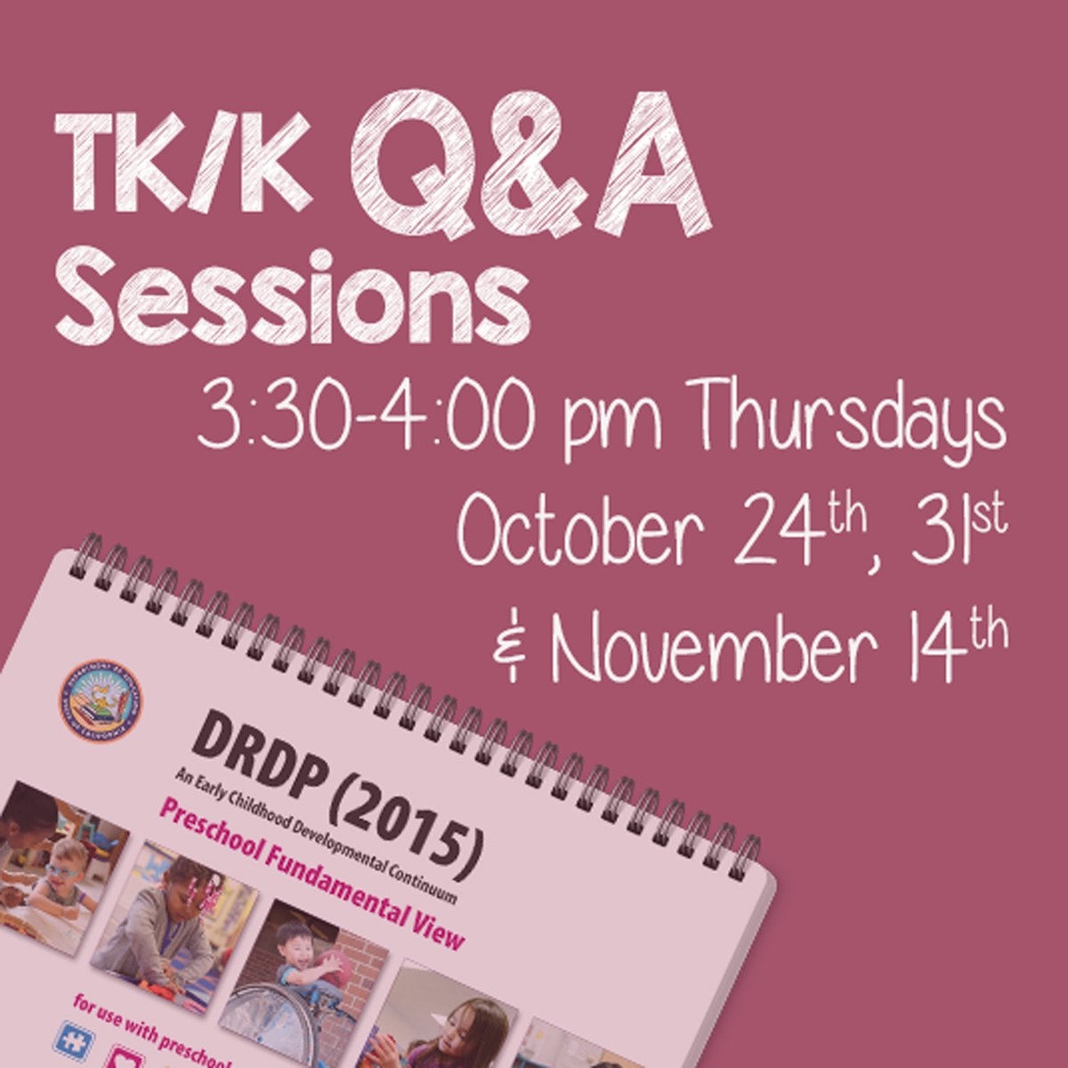 draccess's tweet image. Additional sessions added!
Have your questions answered about using the DRDP to assess young children in TK or K. Questions can be asked live or submitted in advance, and will be answered during the meeting. Space is limited so register today!

draccess.org/UsingTKKQAoct2…

#DRDP #IEP