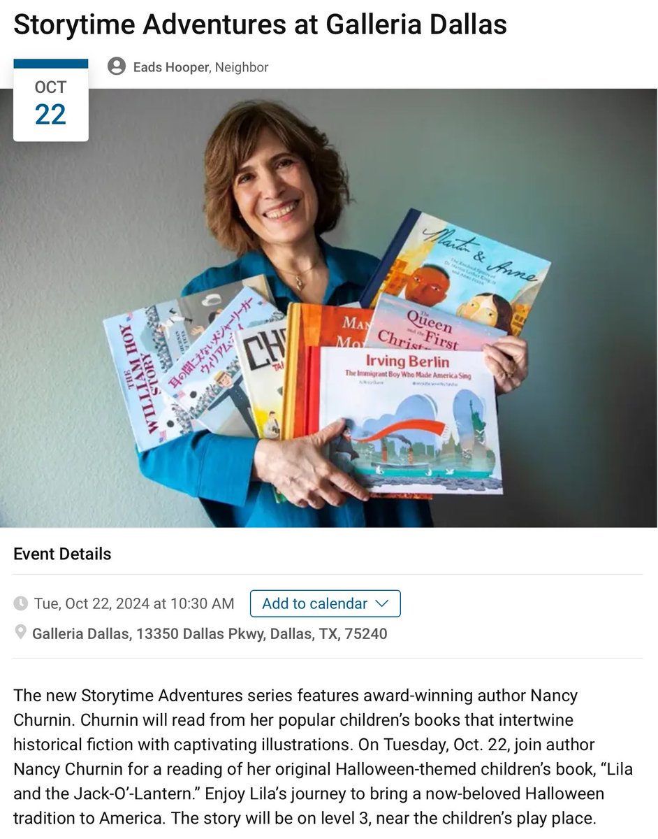Nancy Churnin (@nchurnin) on Twitter photo Look forward to reading LILA AND THE JACK-O'-LANTERN <a href="/GalleriaDallas/">Galleria Dallas</a> Oct. 22 at 10:30 am. Bring the little ones to meet Lila & learn how #Irish #imimgrants brought their #Halloween customs to America. <a href="/annelibrayillo/">Anneli Bray</a> <a href="/sljournal/">SchoolLibraryJournal</a> #starredreview <a href="/amightygirl/">A Mighty Girl</a> <a href="/albertwhitman/">Albert Whitman & Co.</a> #kidlit Look forward to reading LILA AND THE JACK-O'-LANTERN <a href="/GalleriaDallas/">Galleria Dallas</a> Oct. 22 at 10:30 am. Bring the little ones to meet Lila & learn how #Irish #imimgrants brought their #Halloween customs to America. <a href="/annelibrayillo/">Anneli Bray</a> <a href="/sljournal/">SchoolLibraryJournal</a> #starredreview <a href="/amightygirl/">A Mighty Girl</a> <a href="/albertwhitman/">Albert Whitman & Co.</a> #kidlit