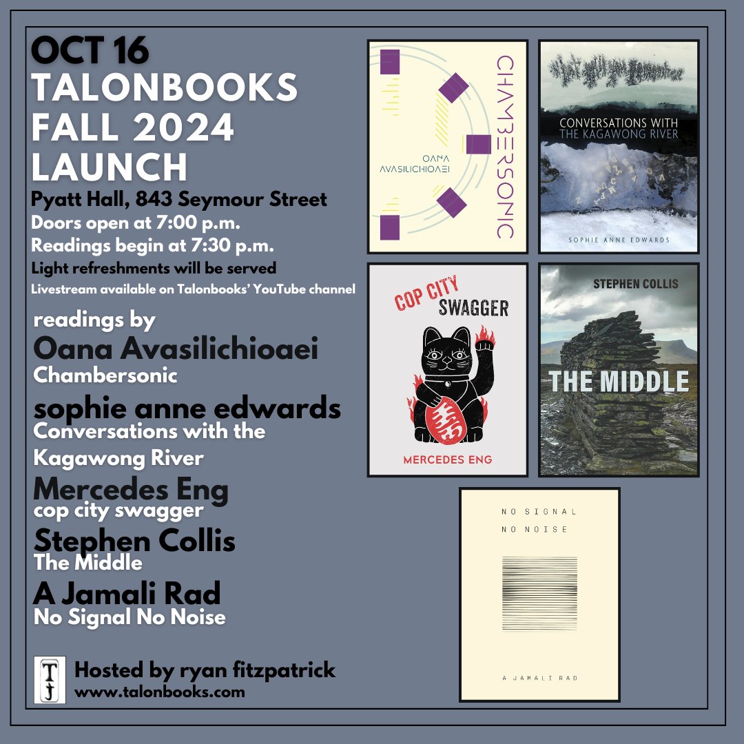 Tomorrow! Join us to celebrate the release of Chambersonic by Oana Avasilichioaei⁠, Conversations with the Kagawong River by sophie anne edwards⁠, cop city swagger by Mercedes Eng⁠, The Middle by Stephen Collis and⁠ No Signal No Noise by A Jamali Rad!

⁠