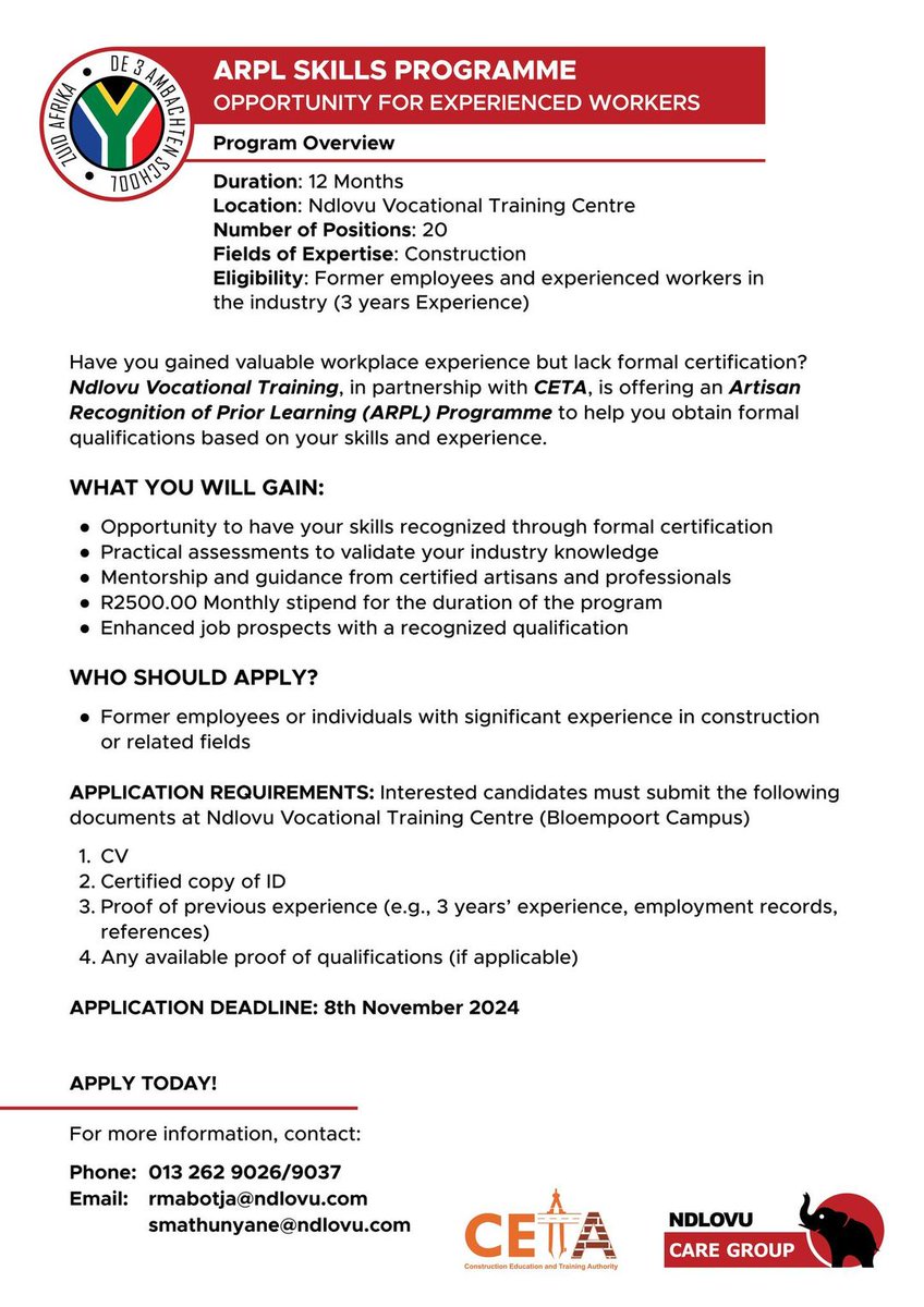 Ndlovu Vocational Training Centre Applications Open 🛠️

NVTC along with CETA is offering individuals to join our Apprenticeship &amp; Learnership Programmes. Programs are designed to equip participants with valuable skills and experience in the construction fields.

Details attached.