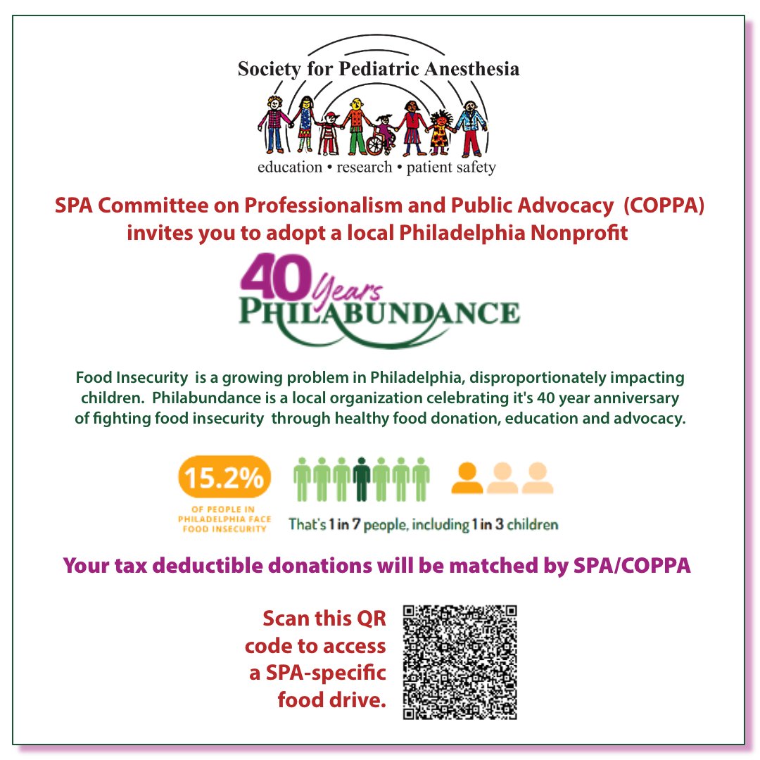 SPA (@pedianesthesia) on Twitter photo As we gather in Philadelphia for SPA's 2024 Annual Meeting, we encourage you to donate to local nonprofit <a href="/Philabundance/">Philabundance</a> and help fight food insecurity.
Scan the QR code to access a SPA-specific food drive!
#PedsAnes24 #FoodInsecurity #NonprofitSupport #CommunityEngagement As we gather in Philadelphia for SPA's 2024 Annual Meeting, we encourage you to donate to local nonprofit <a href="/Philabundance/">Philabundance</a> and help fight food insecurity.
Scan the QR code to access a SPA-specific food drive!
#PedsAnes24 #FoodInsecurity #NonprofitSupport #CommunityEngagement