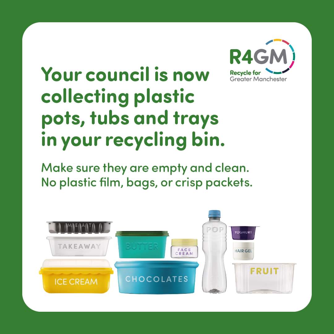 🎉Great news from <a href="/recycle4gm/">Recycle for Greater Manchester</a>!
♻️You can now put plastic pots, tubs &amp; trays in your blue recycling bin.
🏪Be sure you keep taking your soft plastics to local supermarkets to be recycled too!