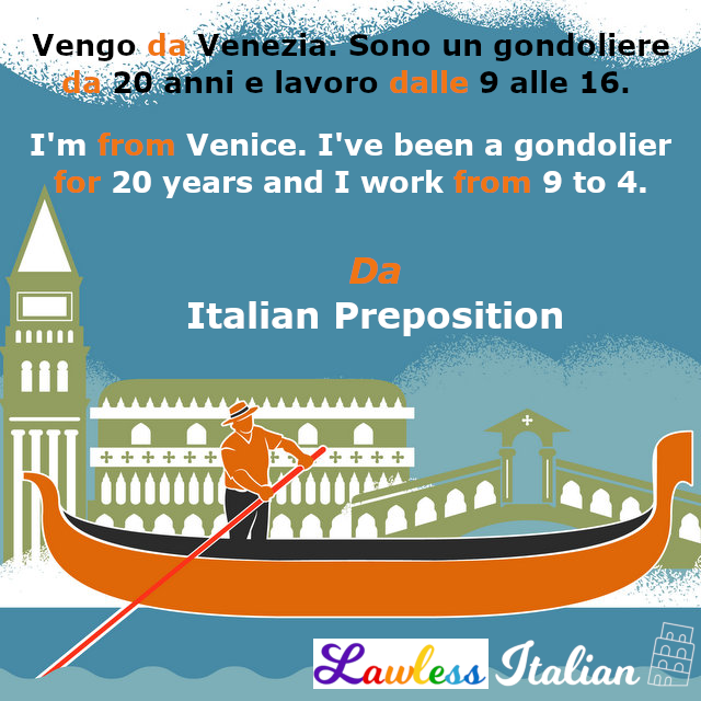 "Da" commonly means "from" but it's used in several other contexts as well: lawl.es/it-da

#Italian #lawlessitalian #learnitalian #italianteacher #italianquiz #italiantest