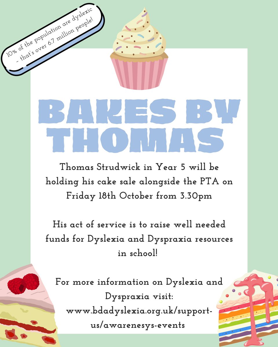 🍰🧁 Cake Sale and Non Uniform Day 👟👖 This Friday!! 

We look forward to your creative cake donations! Please take all donations to the school office on Friday morning. 

If anyone is available to help set up from 2.30pm please do get in touch ❤️
@thegsaprimary