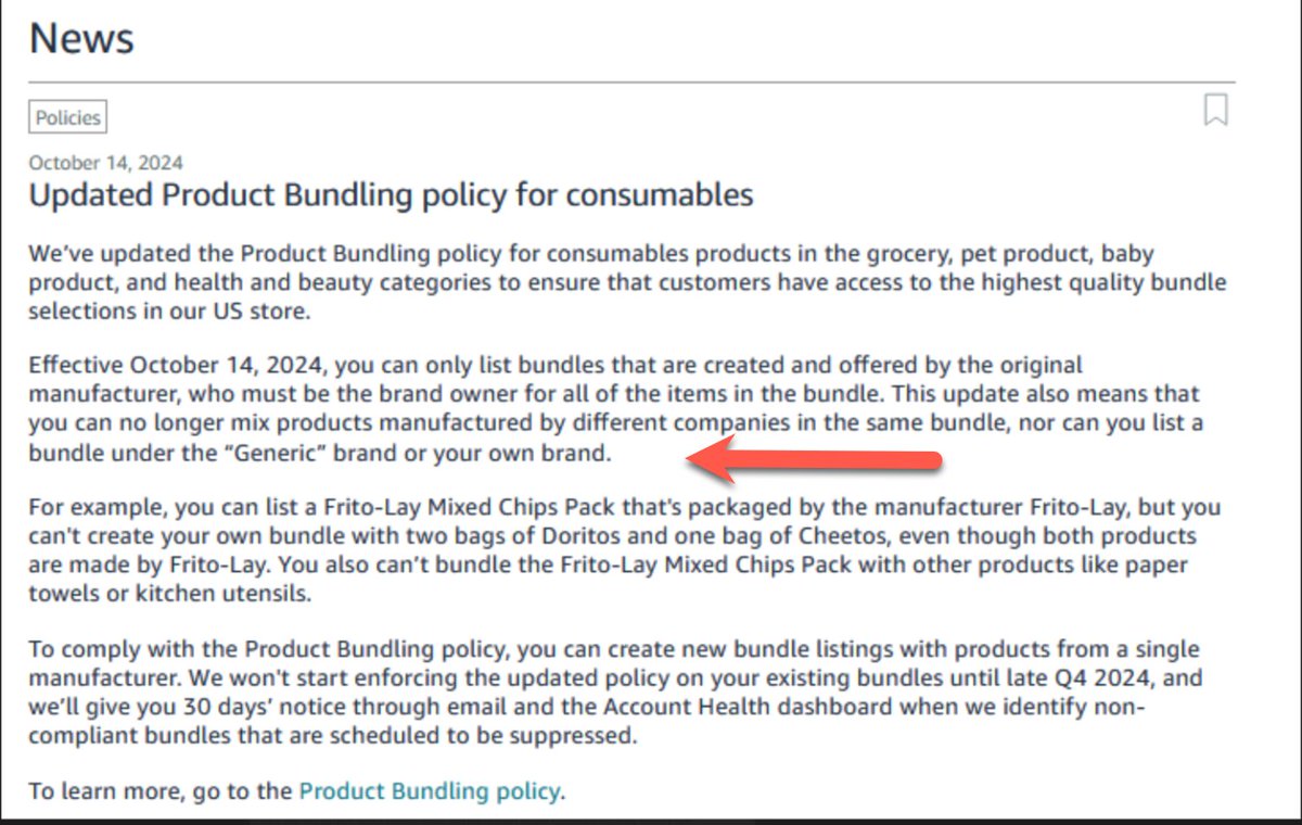 AMAZON UPC/GS1 RESTRICTIONS EXPANDED TO BUNDLES

Yesterday, Amazon announced a change to the bundle policy, which further restricts products needing a UPC that matches the brand at GS1. 

The new policy only covers Grocery, baby, pet, and health/beauty products. It now says you