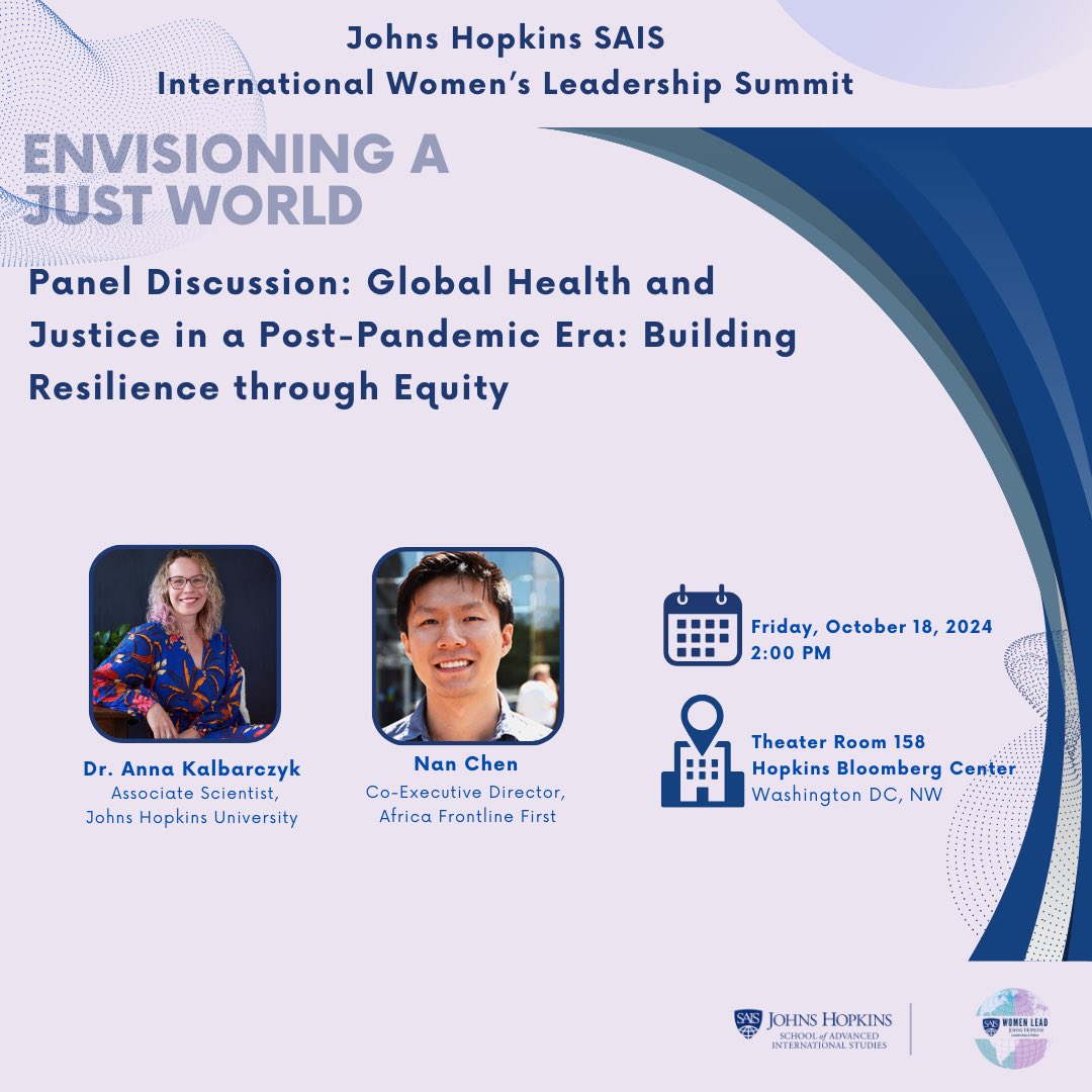 🌍Join us for a panel on Global Health and Justice: Building Resilience through Equity！

Date: Oct 18, 2024
Time: 2:00 PM
Location: Theater Room 158

🌟Anna Kalbarczyk, Associate Scientist at <a href="/JohnsHopkins/">Johns Hopkins University</a> and the moderator， focusing on women's leadership and global health.