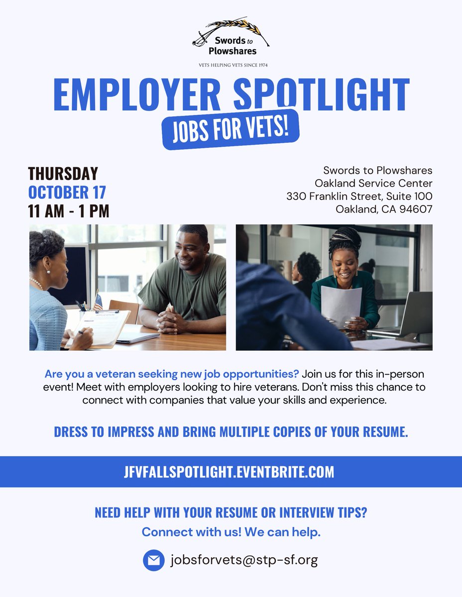 JobsForVets's tweet photo. We are excited to have RydeTrans, Tesla, EBMUD, Diligence Security Group, and SFO at our upcoming spotlight this Thursday, October 17th.

All job-seeking veterans are invited to network and learn more about potential opportunities! 

RSVP: https://t.co/A01aqCZjnF https://t.co/6Ya4eqrtzj