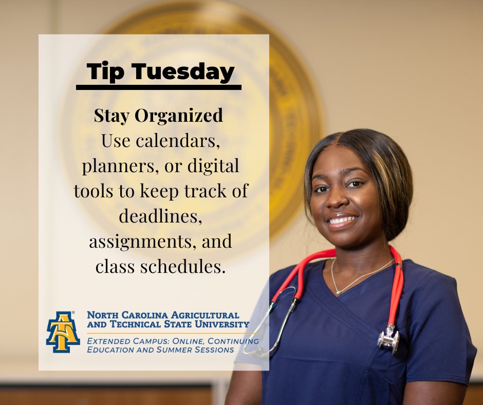 Tip Tuesday: Stay organized this semester!

📅🖊️ Whether it's using a calendar, planner, or digital tools, staying on top of deadlines, assignments, and class schedules is key to success.

#TipTuesday #AggiePride #StayOrganized #OnlineLearning #ExtendedCampus #NCAT #SuccessTips