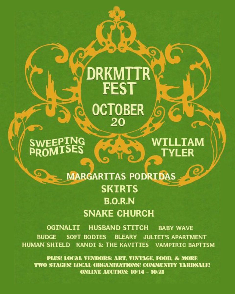 This weekend Drkmttr Fest in #Nashville 
Oct 19-20

Drkmttr Collective is an #allages #DIY space
1111 Dickerson Pike
Nashville, TN  37207
Website: drkmttrcollective.com

Advance passes here: (note dos - door only accepts cash:
drkmttrcollective.com/shows/drkmttr-…

#pylonreenactmentsociety
