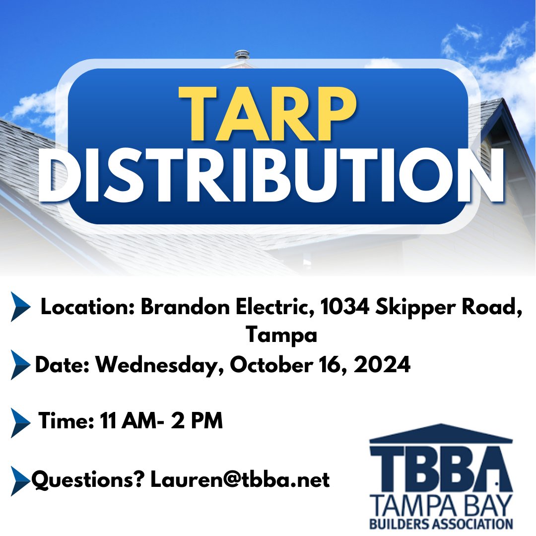 RepMKR's tweet image. As we continue to recover from the hurricane, here is another resource is our community. Tampa Bay Builder’s Association is hosting a tarp distribution. We hope to see you there!