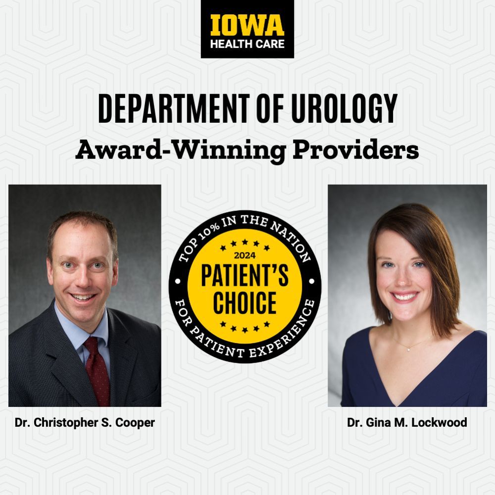 University of Iowa Urology (@uiowa_urology) on Twitter photo Congratulations to our 2024 Patient's Choice Award recipients, <a href="/Coopeduro/">Christopher Cooper</a> and <a href="/GpaulauskisGina/">Gina Lockwood</a>! Their patient survey scores ranked in the top 10% in the nation in FY 2024. Congratulations to our 2024 Patient's Choice Award recipients, <a href="/Coopeduro/">Christopher Cooper</a> and <a href="/GpaulauskisGina/">Gina Lockwood</a>! Their patient survey scores ranked in the top 10% in the nation in FY 2024.