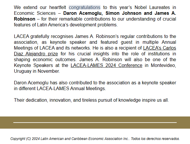 The Latin American and Caribbean Economic Association congratulates the winners of the Nobel Prize in Economics 2024! Their dedication, innovation, and tireless pursuit of knowledge inspire us all.
#NobelPrize2024 #Economics #EconTwitter