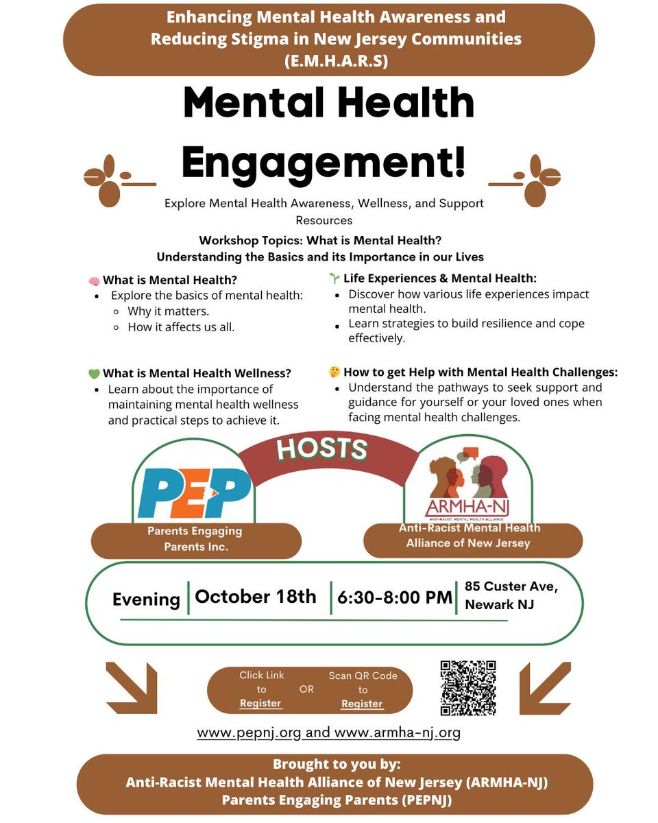 ARMHA_NJ's tweet photo. This Friday join us for a Free Mental Health Workshop! Enhancing Mental Health Awareness and Reducing Stigma in New Jersey Communities (E.M.H.A.R.S) Tap the link below to register!  #PEPNJ #ARMHANJ #WeUs
https://t.co/ryKTEiUp0t
#armhanj #pep #mentalhealth #mentalhealthadvocacy https://t.co/oXPN5sf0s3