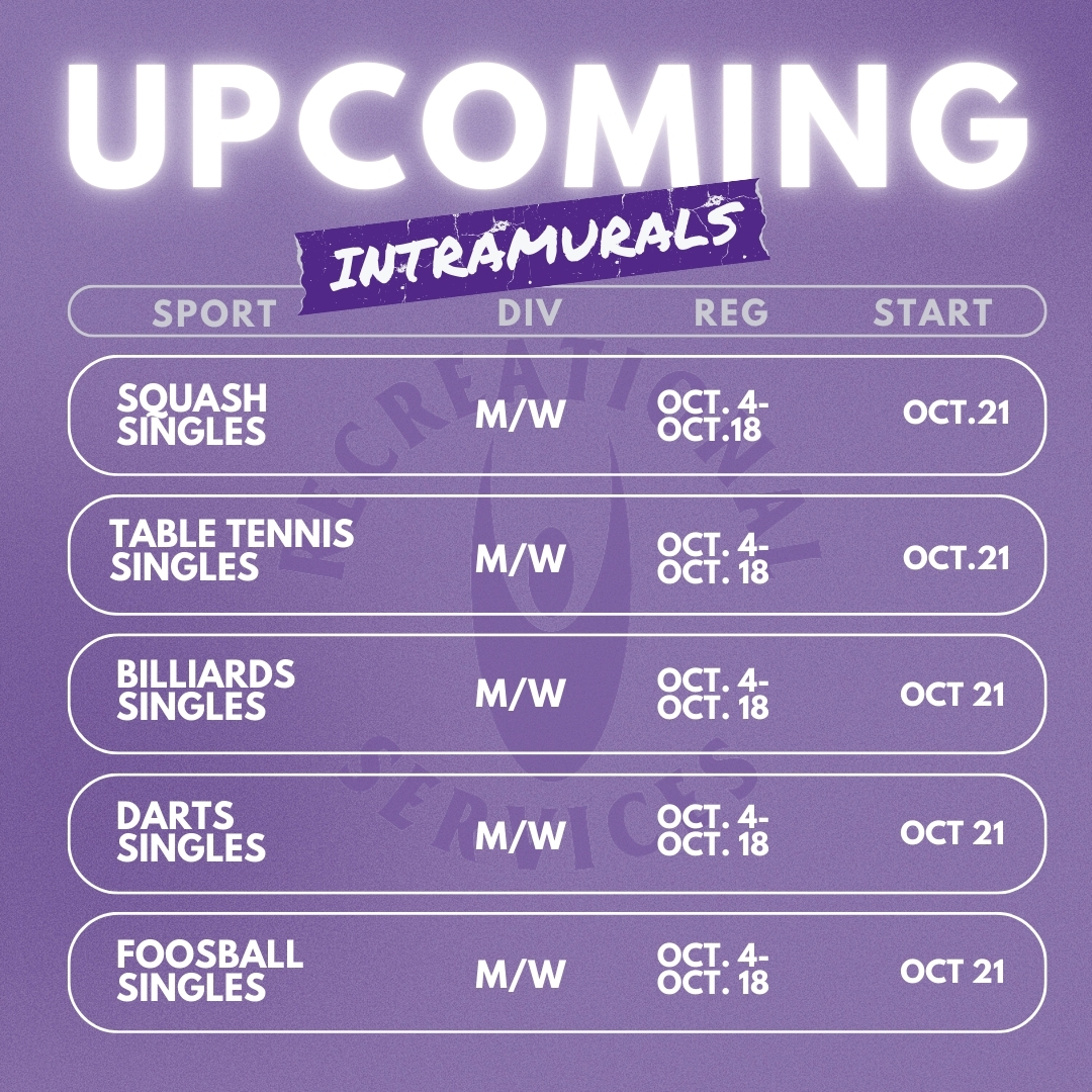 KStateRec's tweet image. Hey Wildcats!💜 Here are the intramurals that will be starting soon!

Registration for all of these is open, be sure to register on IM Leagues! #kstaterec #intramurals