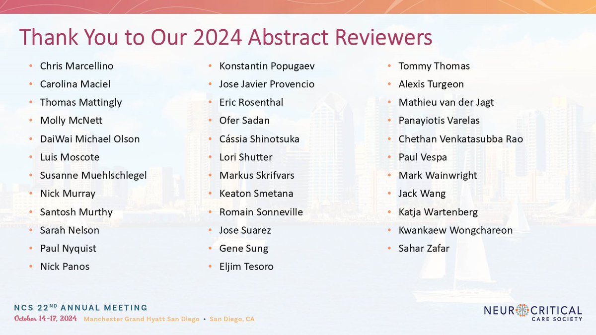 neurocritical's tweet photo. Before you head to poster rounds this afternoon, take a moment to say thank you to our #NCS2024 abstract reviewers! https://t.co/ZvEzZfxe67