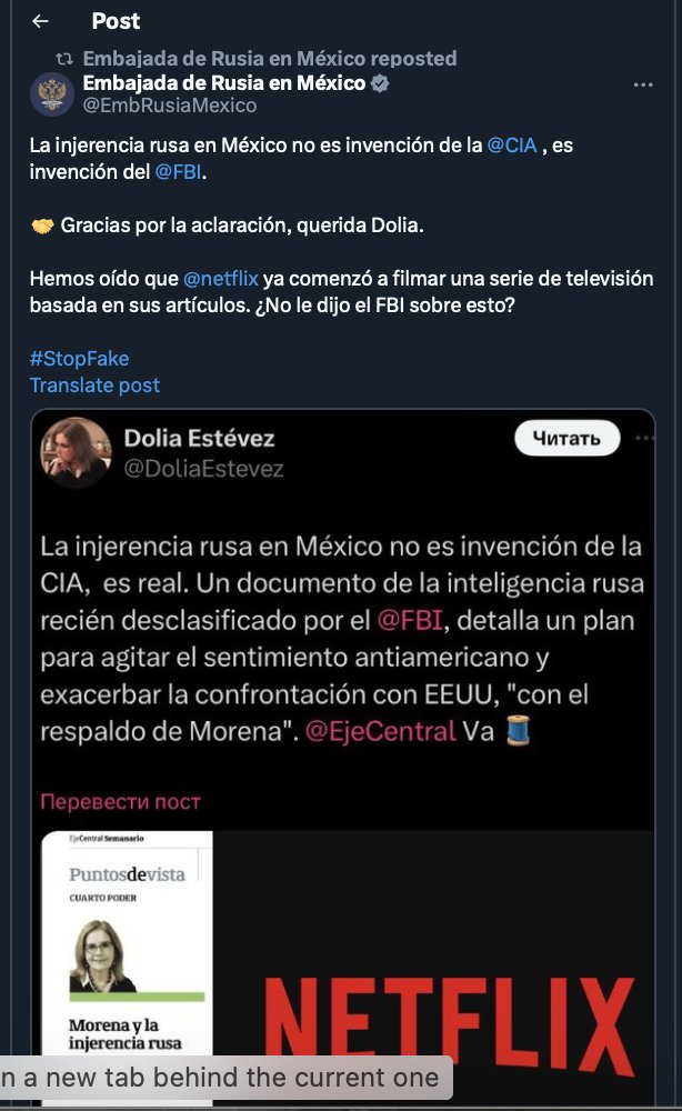 DoliaEstevez's tweet photo. Este ataque es una violación de la Convención de Viena que permite la comunicación de las embajadas exclusivamente para fines oficiales. La rusa es la ÚNICA embajada en México que ataca a periodistas. @Claudiashein @SRE_mx @EmbamexEUA @USEmbassyMEX @FBI @StateDept https://t.co/Tgz56D9ny4