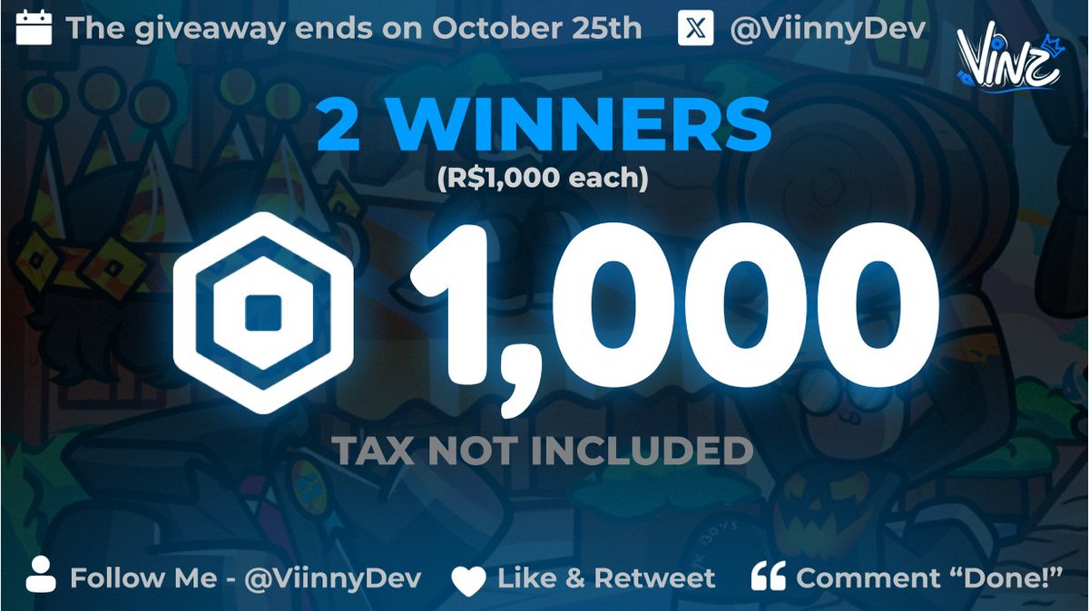 100 Followers Milestone! 🎉
To celebrate, I'm giving away 1,000 Robux as a thank you! -💰2 winners 

How to enter:
- Follow me 👤@ViinnyDev
- Like ❤️ and Retweet 🔄
- Comment "Done!" 💬

The giveaway ends on October 25th
Good luck! ✨
#Roblox #RobloxDev #RobuxGiveaway #FreeRobux