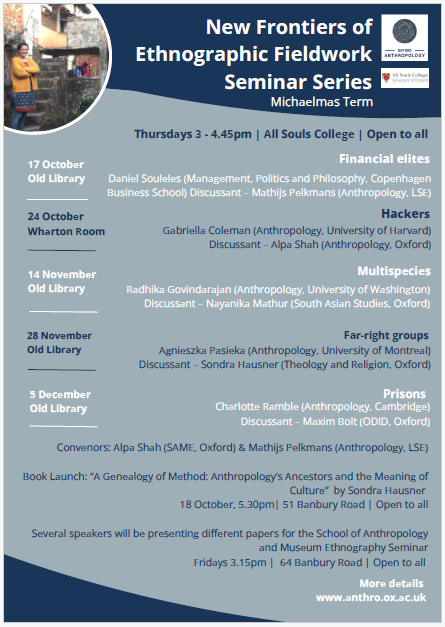 Alpa Shah (@alpashah001) on Twitter photo Join us <a href="/oxford_anthro/">Oxford Anthropology</a> + All Souls w cutting edge scholar to celebrate ethnography at new frontiers - hackers <a href="/BiellaColeman/">Gabriella "Biella" Coleman</a> to far right groups <a href="/agapasieka/">Agnieszka Pasieka</a>, and financial elites <a href="/dansouleles/">Dr. Dan Souleles</a>, prisons w C Ramble to multispecies <a href="/r_gov11/">Radhika Govindrajan</a>. Delighted to convene w Mathijs Pelkmans Join us <a href="/oxford_anthro/">Oxford Anthropology</a> + All Souls w cutting edge scholar to celebrate ethnography at new frontiers - hackers <a href="/BiellaColeman/">Gabriella "Biella" Coleman</a> to far right groups <a href="/agapasieka/">Agnieszka Pasieka</a>, and financial elites <a href="/dansouleles/">Dr. Dan Souleles</a>, prisons w C Ramble to multispecies <a href="/r_gov11/">Radhika Govindrajan</a>. Delighted to convene w Mathijs Pelkmans