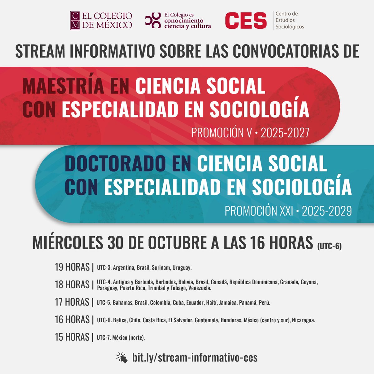 ¿Tienes dudas sobre los programas académicos del CES?

Únete al stream informativo sobre las convocatorias de Maestría y Doctorado en Ciencia Social con especialidad en Sociología.
📆30 de octubre, 16 h (UTC-6)
🔴bit.ly/stream-informa…
#Convocatoria #sociologia #posgrados