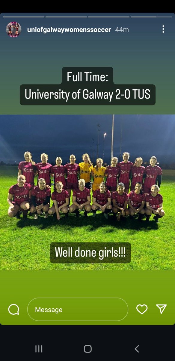 Great win on the road tonight for our First Division side in Limerick 
<a href="/TUSMidwestSport/">TUS Midwest Sport</a> 0-2 <a href="/UniofGalwayWFC/">Uni of Galway Womens Soccer</a>