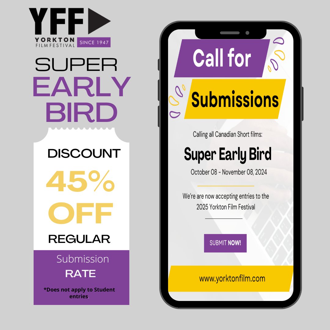 We are in the second week of the #yff25 Call for Submissions!October 08-November 08, 2024 is our Super Early Bird pricing, with a discounted rate of 45 percent.Submit now and enjoy your 45 percent off yorkonfilm.com,
#superearlybird,#submitandsave,#callforsubmissions
