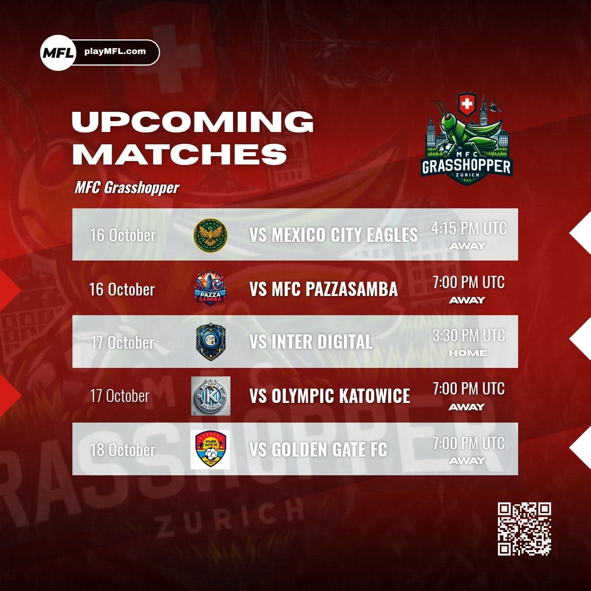MFCGrasshopper's tweet image. UPCOMING MATCHES - Our Ice League title win last season, has secured us a spot in the Alpha Champions Cup. Our next game will be in the Round of 16 of the tournament, as we take on Mexico City Eagles for a place in the Quarter Finals! 🇨🇭 #MFCGrasshopper