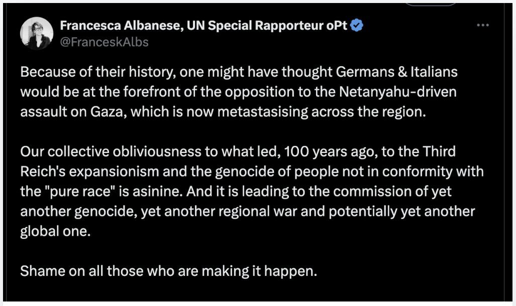 Antisemitism has no place at the UN, especially from those tasked with promoting human rights.
Francesca Albanese's recent remarks, including evoking Nazis, show yet again that she is unfit for any role at the UN. The U.S. has never supported her mandate, and her conduct is