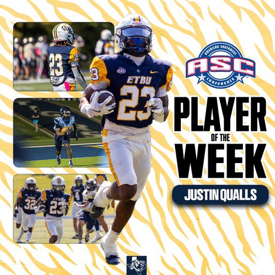 Congratulations to Justin Qualls on being named the ASC Football Special Teams Player of the Week!

#TexasTigers