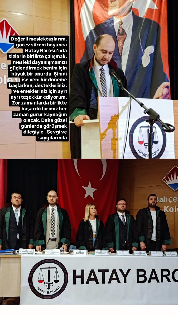 Değerli meslektaşlarım, görev sürem boyunca Hatay Barosu’nda sizlerle birlikte çalışmak, mesleki dayanışmamızı güçlendirmek benim için büyük bir onurdu. Şimdi ise yeni bir döneme başlarken, destekleriniz ve emekleriniz için ayrı ayrı teşekkür ediyorum. Zor zamanlarda birlikte