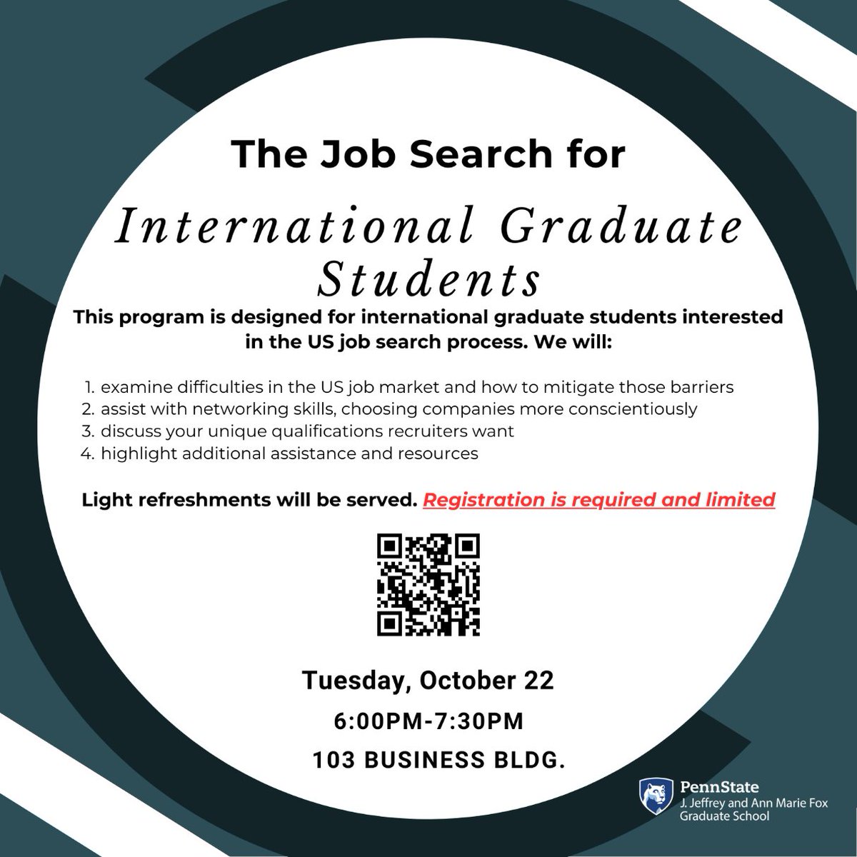 HGSAC (@psu_hgsac) on Twitter photo We are holding our first career development workshop in conjunction with the Graduate School on October 22nd.  The focus of this workshop is how to navigate the job market as an international graduate student. Make sure to RSVP! We are holding our first career development workshop in conjunction with the Graduate School on October 22nd.  The focus of this workshop is how to navigate the job market as an international graduate student. Make sure to RSVP!