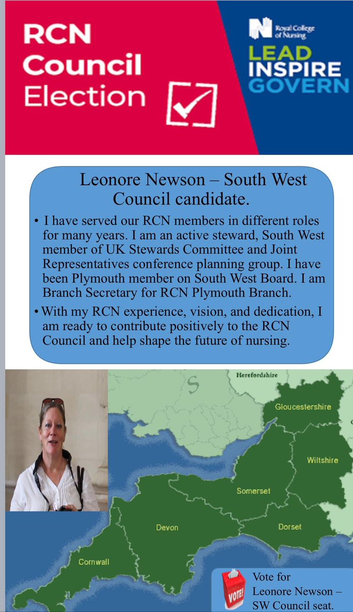Katy #SafeStaffingSavesLives #FairPayForNursing (@kwelsh1) on Twitter photo ‼️‼️For my #nursing friends on X, vote & help <a href="/LeonoreNew58518/">Leonore Newson</a> become our RCN South West Council representative.
<a href="/georgiegirl0408/">Georgina Samuels</a> <a href="/gwalkerpoole1/">Geoffrey Walker OBE MA RGN</a> @vickyrcn <a href="/CharlotteNHSRN/">Charlotte Hall RN</a> <a href="/RCNDevon/">RCN Devon</a> <a href="/RCNCornwall/">RCN Cornwall</a> <a href="/guinessgirl52/">Margaret North</a> ‼️‼️For my #nursing friends on X, vote & help <a href="/LeonoreNew58518/">Leonore Newson</a> become our RCN South West Council representative.
<a href="/georgiegirl0408/">Georgina Samuels</a> <a href="/gwalkerpoole1/">Geoffrey Walker OBE MA RGN</a> @vickyrcn <a href="/CharlotteNHSRN/">Charlotte Hall RN</a> <a href="/RCNDevon/">RCN Devon</a> <a href="/RCNCornwall/">RCN Cornwall</a> <a href="/guinessgirl52/">Margaret North</a>